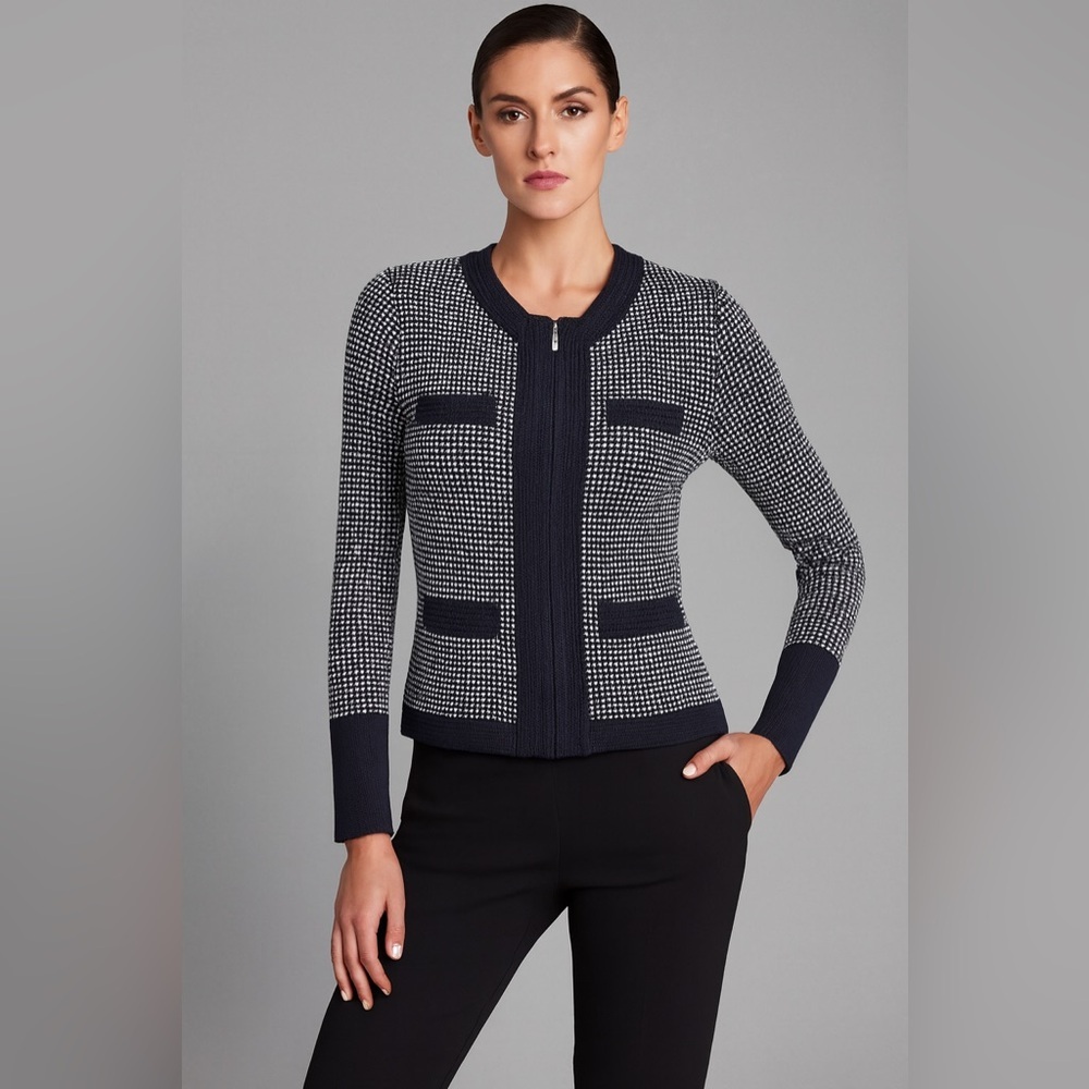 ST. JOHN Zip Front Knit Cardigan Jacket Navy White Size 14